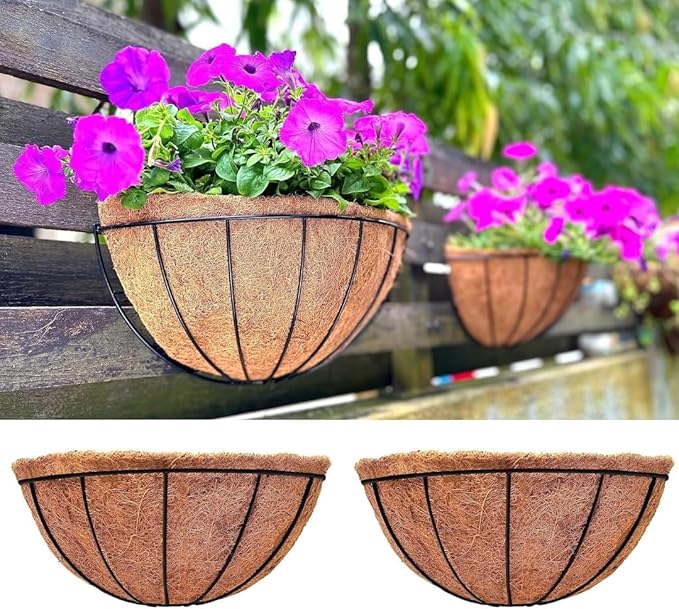 Maxona Wall Hanging Baskets,16 Inch 2 Pack Flower Planters for Outdoor Plants Wall Mounted with Coco Liner, Metal Iron Wire Holder for Window Herb Railing Fence Deck Balcony Porch Garden