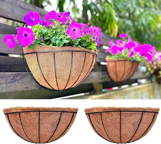Maxona Wall Hanging Baskets,16 Inch 2 Pack Flower Planters for Outdoor Plants Wall Mounted with Coco Liner, Metal Iron Wire Holder for Window Herb Railing Fence Deck Balcony Porch Garden