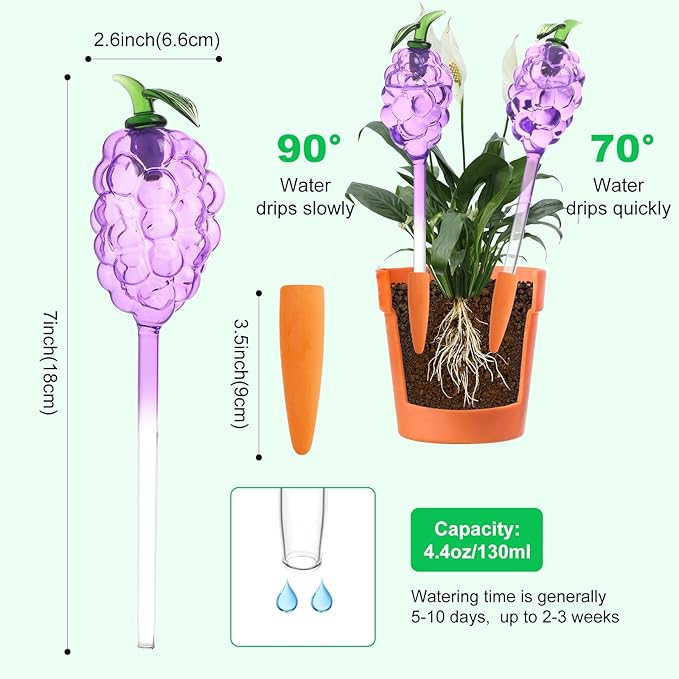 Plant Watering Globes, Grape Shape Self Watering Globes, Plant Watering Devices, 3PCS Purple+Green Color Clear Glass Bulbs Self Watering Planter Insert