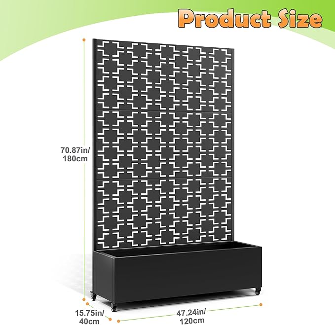 Metal Raised Garden Bed with Trellis, 2-in-1 Planter Box & Privacy Screen for Climbing Plants, Outdoor Standing Flower Bed with Drainage Holes, 47.2" L x 16.7" W x 70.8" H, Black-Square