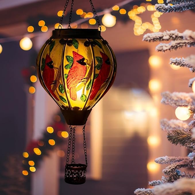 Larekook Cardinal Hot Air Balloon Solar Lantern Outdoor Waterproof,Solar Hot Air Balloon Lantern with Flame Flickering Hanging Garden Light for Patio Porch Yard Lawn,Cardinal Gifts for Women