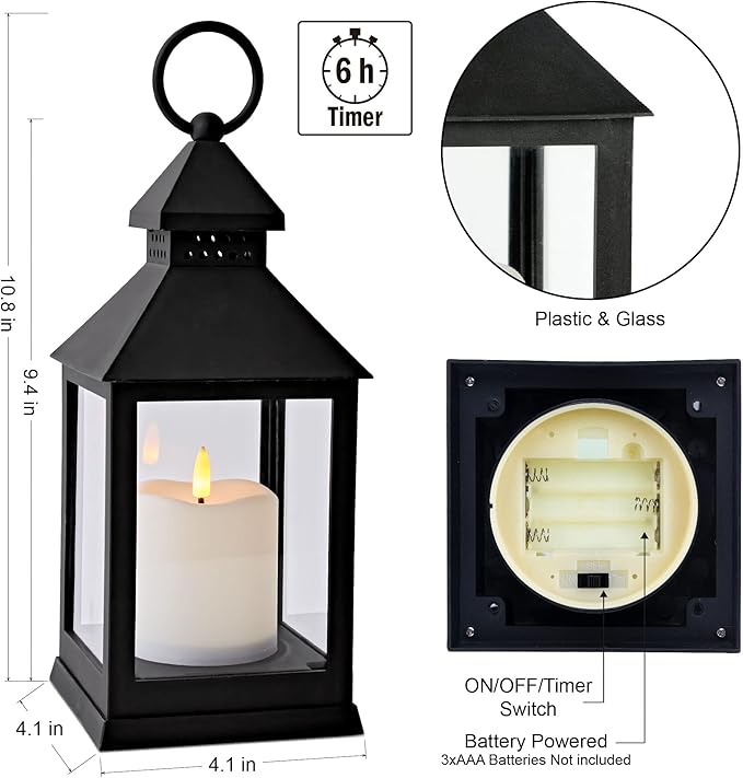 Yongmao Vintage Lantern Decorative LED Flickering Flameless Candle with Timer, Battery Powered LED Decorative Hanging Lanterns for Indoor Outdoor Garden Yard Home Decor(4 Pack)