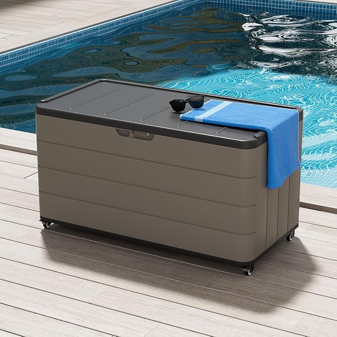 100GAL Square Storage Box (With Wheels) Grey，Wheeled Footlocker，Waterproof Resin Storage Bin for Patio Cushions