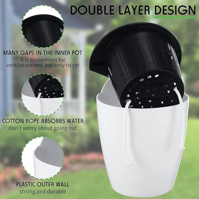 PP Plants Pots for Indoor Outdoor Gardening Hanging Self-Watering Flower Pots with Drainage Holes, Modern Planters for Houseplants Succulents Herbs (5, Medium)