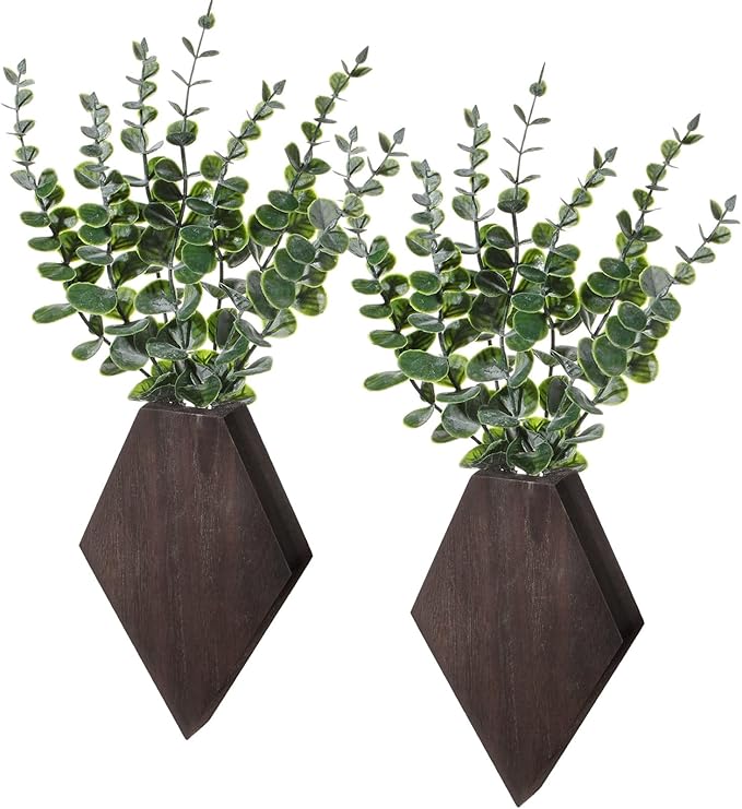 Chunful 2 Pcs Wooden Wall Planter Decor Hanging Fake Plants Greenery Flowers Holder Vase Boxes for Wall Bohemian Farmhouse Room Kitchen Office Indoor Decoration(Brown,7.1 x 4.7 x 1.2 Inches)