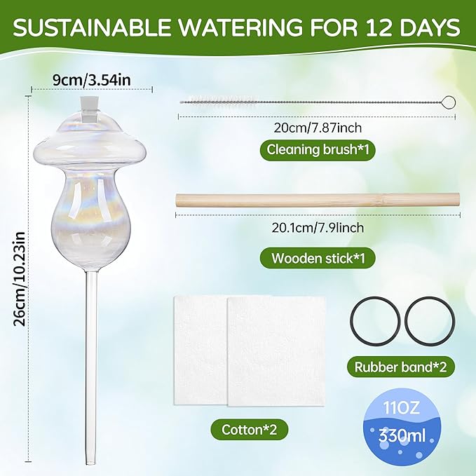 11 oz Up Large Plant Watering Globes, Self Watering Planter Insert, Glass Plant Watering Devices, Mushroom Self Watering Globes, Automatic Watering Bulbs for Indoor Outdoor Plants (Large 2-Pack)