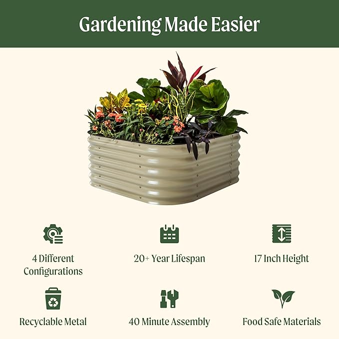 Vego garden Raised Garden Bed Kit, 17" Tall 4 in 1 Modular Metal Raised Garden Beds Kit, Metal Planter Box for Vegetables, Flowers, Herbs, Pearl White