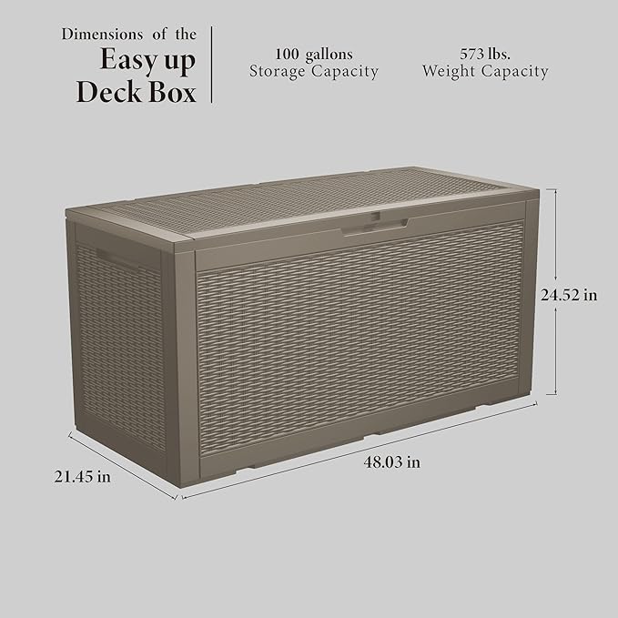 100 Gallon Lockable Resin Outdoor Storage Box, Waterproof & Weather Resistant Deck Box for Patio Cushion, Garden Tools & Pool Accessories, Grey