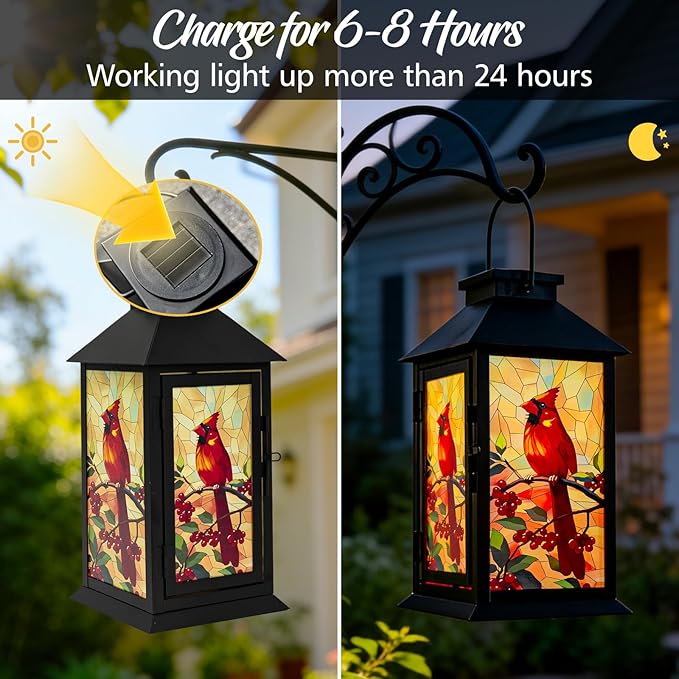 Cardinal Solar Memorial Lanterns, Outdoor Hanging Lanterns Waterproof LED Solar Cardinal Lights for Outdoor Patio Garden Sympathy Gifts for Loss of Mom Dad Loved One