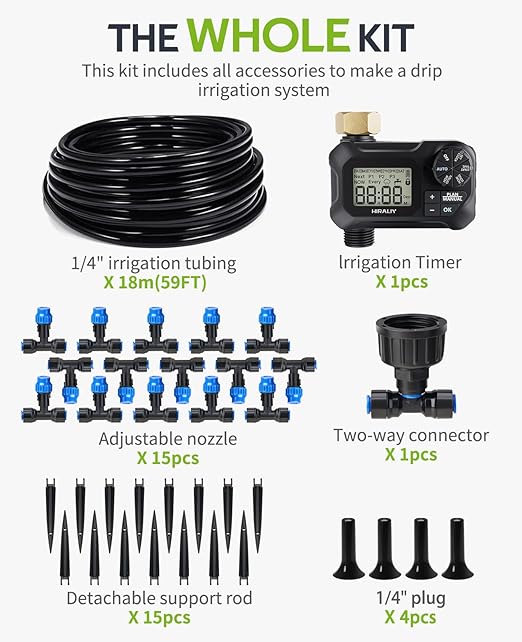 HIRALIY 59FT Greenhouse Misting Drip Irrigation Kit with Garden Timer, Hanging Plant Watering System, with Tubing, Misting Nozzles, and Water Timer, Quick Connector Design Automatic Irrigation System