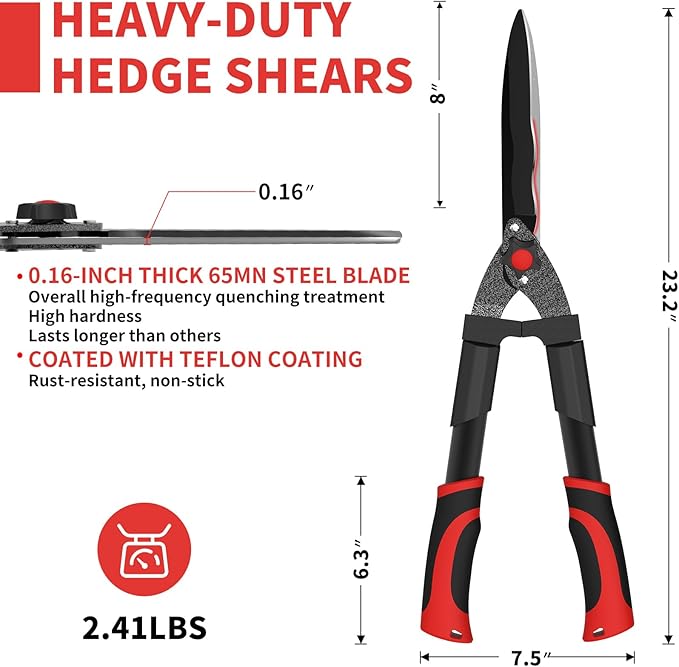 GARTOL 23-Inch Hedge Shears with 9‘’ Extra Thick High Carbon Steel Wavy-Blade, Precision Cutting | Rust-Resistant Ergonomic Handles with TPR Grip, Adjustable Tension Knob & Shock-Absorbing Bumpers