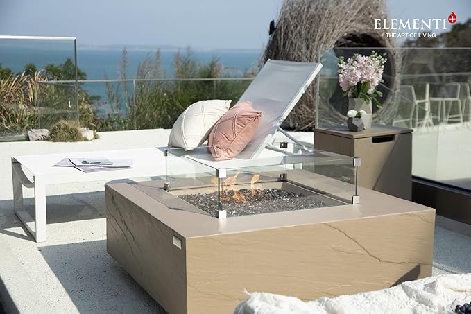 Elementi+ | Uluru Gas Fire Pit Cast Concrete 40" Square Fire Table, Outdoor Fire Pit Electronic Ignition | Canvas Cover, Fire Glass and Burner Lid Included | Sunlight Yellow | Propane Gas
