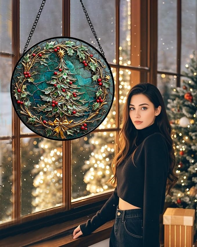 Stained Glass Window Hangings - Red Gold Green Wreath Suncatcher for Door Home Christmas Tree Decoration Sun Catcher Thanksgiving New Year Birthday Gift for Women Men Mom Grandma 7.8 in