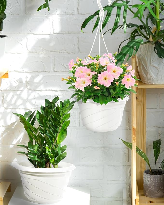 7inch Hanging Planters for Indoor Outdoor Plants,4 Pieces Plastic Hanging Flower Pots Chain Holder Garden Decoration,Round Plastic Hanging Baskets for Garden Porch Plants (Beige White)