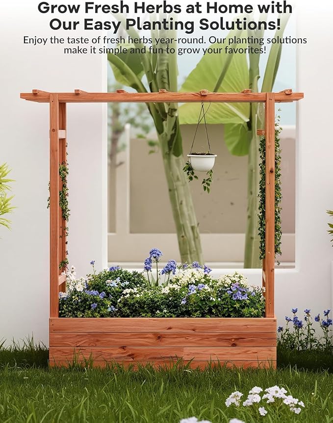 Raised Garden Bed with Trellis and Hanging Roof, Wooden Planter Box with Side Supports and Drainage, Freestanding Elevated Planter for Climbing Plants, Vines, and Flowers, 43x17x44Ft