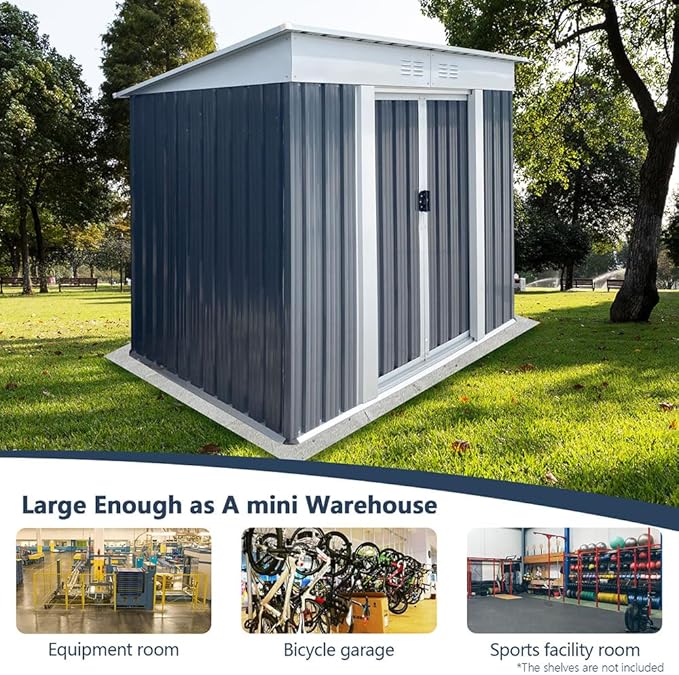 6' x 4' Outdoor Metal Storage Shed Outdoor Shed Galvanized Steel Garden Shed with Sliding Door and Window for Ventilation Storage Sheds House for Backyard Garden（Grey）