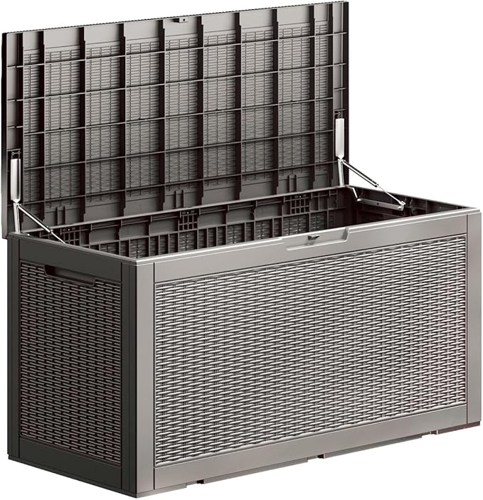 100GAL - Grey，Resin Deck Box，Patio Furniture Cushions Garden Boxes，Outdoor,backyard Storage，Shed