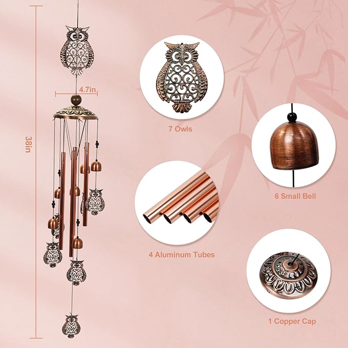 ArtCredit Copper Tone Animal Wind Chimes for Outdoors/Indoors - Owl Designs - Garden, Patio, Yard, Home Decor, for Women, Men, Mom, Birthday, Memorial, Housewarming (Owl)