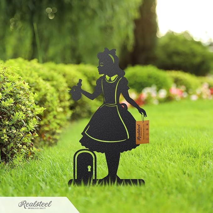 Alice in Wonderland Garden Stakes – Set of 3 | RealSteel Original Outdoor Yard Art Featuring Alice, White Rabbit & Mad Hatter | Rust-Resistant, American-Made Metal Décor | Black Finish