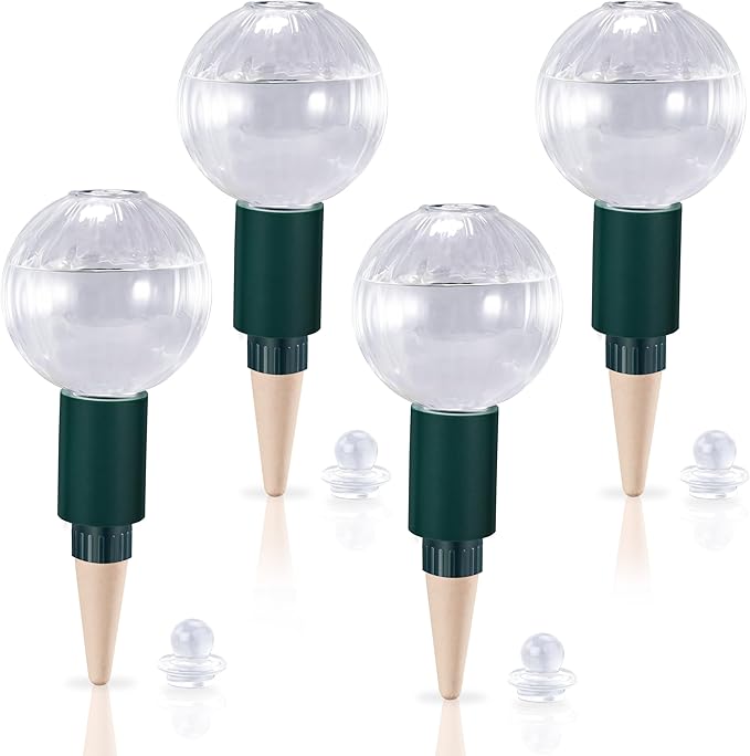 12 oz Plant Watering Globes Top Fill, Clear Glass Water Bulbs with Terracotta Spikes Stake, Vacation Slow Release Self Watering Planter Insert, Automatic Drip Device, 4 Pack