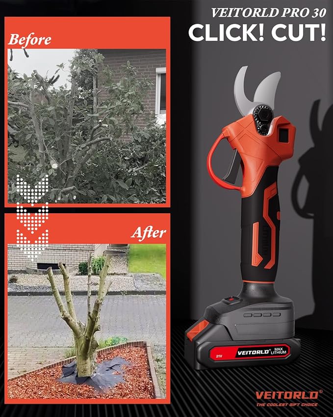 VEITORLD 2-IN-1 Cordless Electric Pole Pruning Shears, 15ft Reach, 1.2" Cutting Diameter, Battery Powered with 2x 2000mAh, Brushless Motor for Efficient Garden Tree Trimming, Branch Cutting（Red）