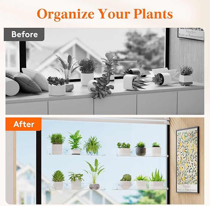 Lifewit Window Plant Floating Shelves 15 x 4 inch, 4 Pack Acrylic Suction Cup Shelf, Window Sill Extender for Indoor Succulent Plants, Micro Greens, Seed Starter Pots, Herb Planters