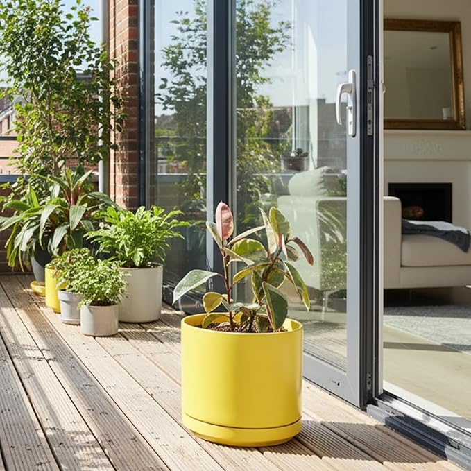 PLANTATOREM Ceramic 10 Inch Mid Modern Planter Pot with Drainage Hole and Saucer, Indoor Cylinder Round Flower Pot, Perfect for Planting Succulents, Herbs, Flowers, House Plants, Bumblebee