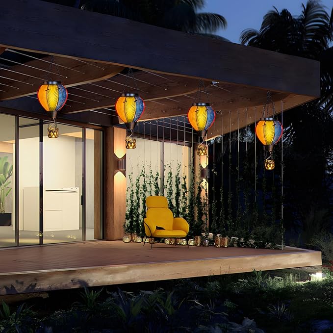 Larekook Solar Hot Air Balloon Lantern with Flickering Flame Light,Glass Hanging Garden Decor Hot Air Balloon Solar Lantern Outdoor Waterproof for Yard Patio Porch Lawn(Rainbow)