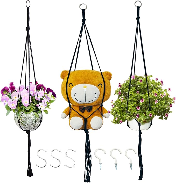 Macrame Plant Hangers Planter Flower Pots Holder 3 Pack Basket Stand Tassels with 6 Hooks Kit Cotton Rope for Decorative Indoor Outdoor Patio Garden Boho Home Décor (POTS NOT Included) (BLACK)