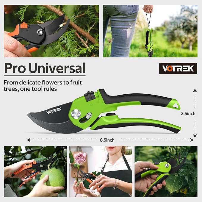 VOTREK Pruning Shears for Gardening, [Patented Stepless Handle Opening] - Garden Clippers with Ultra-Sharp SK5 Steel for Weak Hand, Universal Fit for All Hand Sizes, Effortlessly Cuts 1-Inch Branches