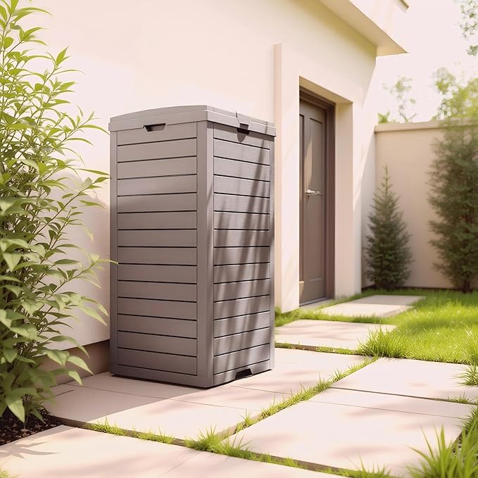 31 Gallon Resin Trash Can Cabinet with Lid & Drip Tray - Waterproof Outdoor Garbage Bin for Patio, Kitchen, Yard, and Entertaining Areas - Easy Assembly, No Tools Required