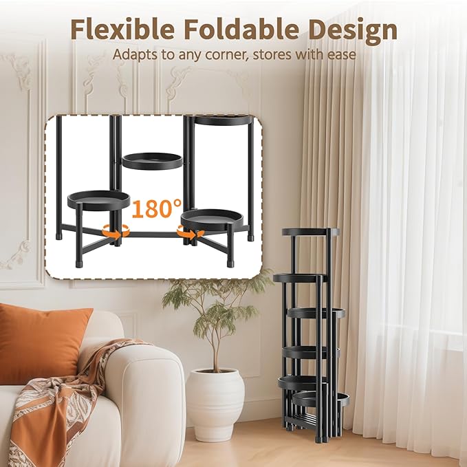 LASZOLA 6 Tiered Folding Tall Plant Stand Indoor for Multiple Large Planter, Heavy Duty Metal Adjustable Flower Rack for Narrow Corner, Sturdy Vertical Spiral Shelving Holder for Modern House, Black