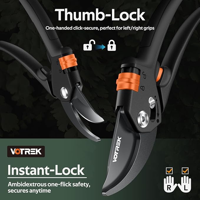 VOTREK Pruning Shears for Gardening, [Patented Stepless Handle Opening] - Plant Scissors with Ultra-Sharp SK5 Steel for Weak Hand, Universal Fit for All Hand Sizes, Effortlessly Cuts 1-Inch Branches