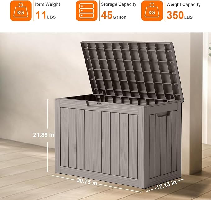 45 Gallon Waterproof Resin Deck Box, UV Resistant Outdoor Storage for Garden, Patio, Porch, Delivery（Grey，45 Gallon）