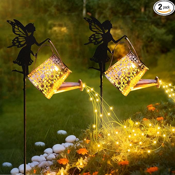 2Pack Solar Watering Can Lights,Waterproof Hollowed-Out Retro Metal Outdoor Lights with Fairy or Gnomes Accessories,Gifts for Mom Grandma Women Garden Patio Pathway Christmas Decor(Angel 2 Style)