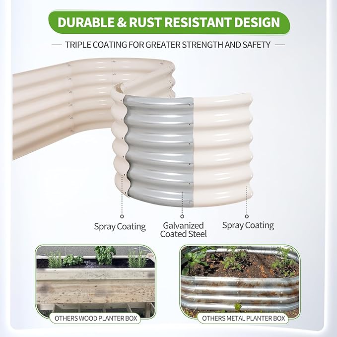 Permade Galvanized Raised Garden Bed - 8x2x1.4FT Metal Planter Boxes Outdoor | Oval Steel Raised Bed Kit for Gardening with Protective Tape, Bracing Rods, Gloves for Vegetables, Flower, Herb (White)
