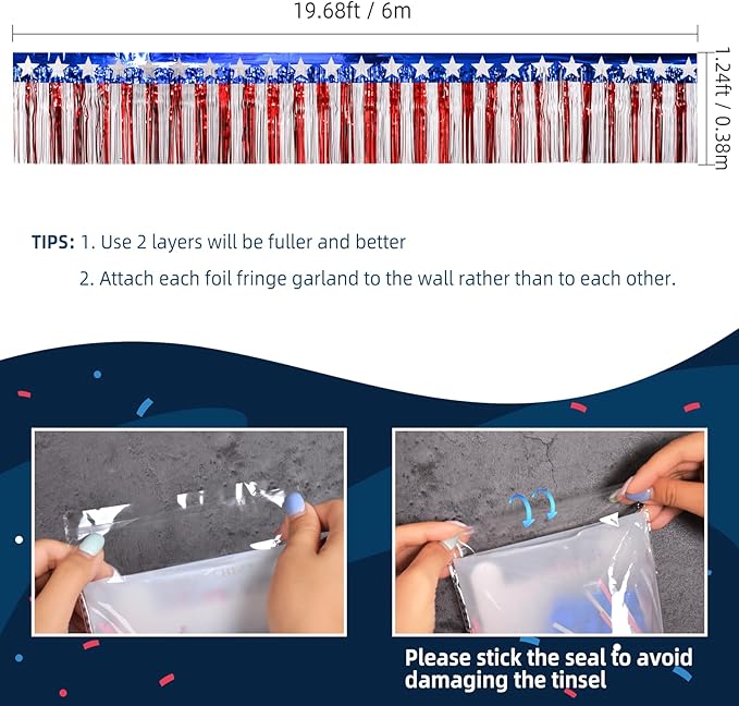 Mega-L 4th of July Decorations 2Packs 39 Feet Foil Fringe Garland Tinsel Streamers, Red White and Blue Star Metallic Hanging Backdrop Banner Table Skirts for Parade Floats Memorial Day Patriotic Party