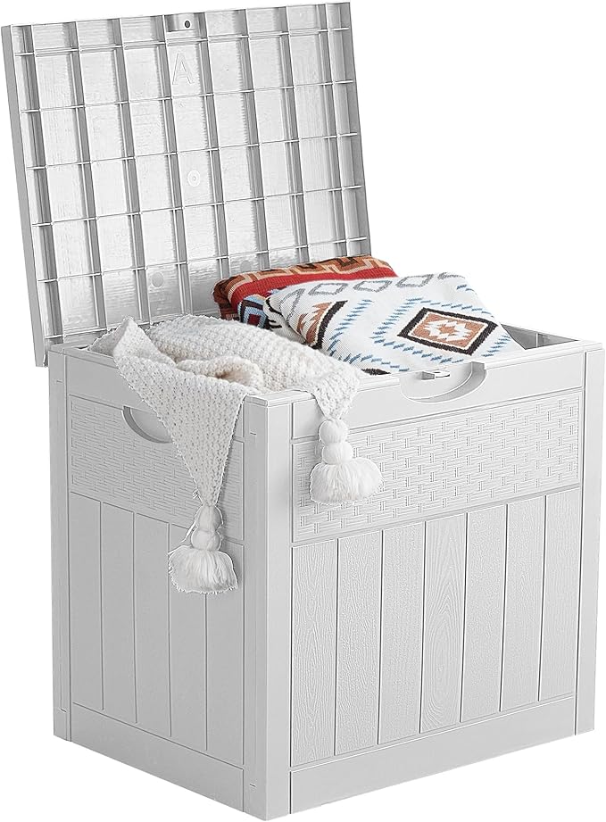 EHHLY 33 Gallon Deck Box, Small Outdoor Storage Box Waterproof, Lockable Secure Package Bin Delivery Box for Outside Front Porch, Patio Cushions Storage Box, Delivery Driver Snack Box for Porch, White