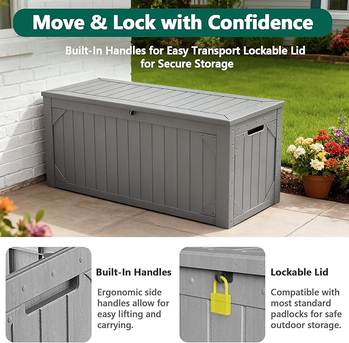 MAKE CHANGES Outdoor Storage Box, 100 Gallon Deck Box Outdoor Storage Bench Outside Waterproof Resin Storage Bench, Lockable Patio Cushions, Garden Tools Storage For Furniture, UV Resistant(Gray)