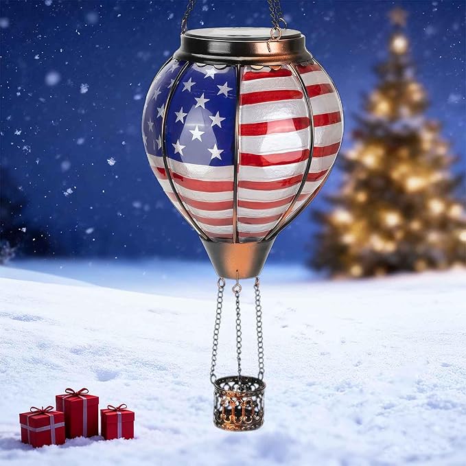 Larekook Solar Hot Air Balloon Lantern with Flame Flickering,Glass Hot Air Balloon Solar Lantern Outdoor Waterproof Hanging Garden Light for Patio Porch Yard,Birthday Gifts for Women(American Flag)