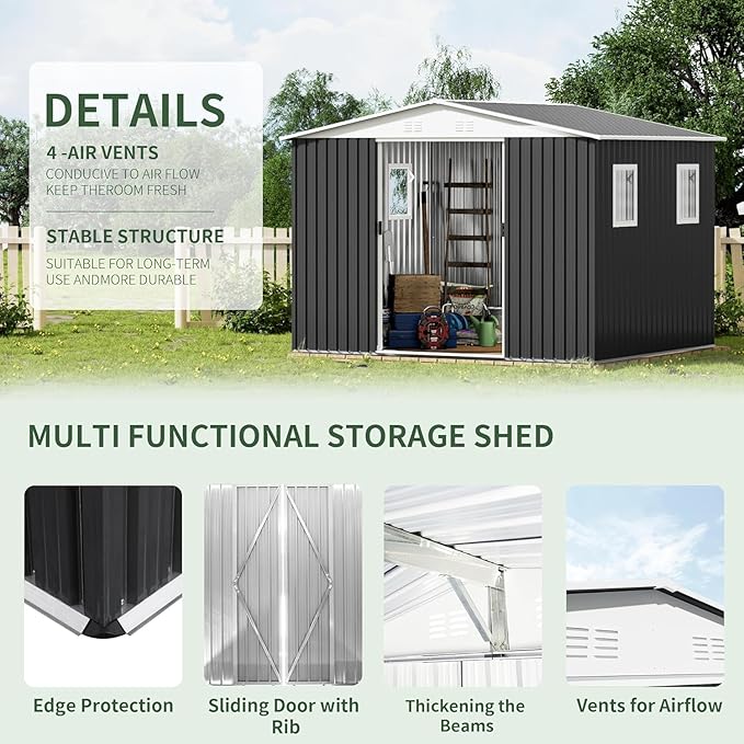 10FT x 8FT Outdoor Storage, Metal Anti-Corrosion Utility Tool House with Lockable Door & Shutter Vents，Outdoor Waterproof Garden Tool Storage Sheds（with 4 Transparent Window）