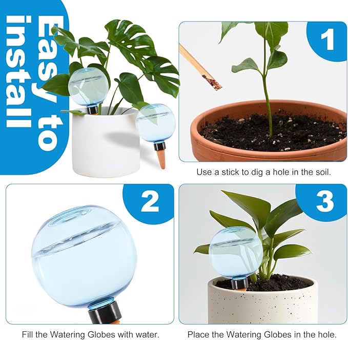 4 Pack Self Watering Globes 17oz Large Plant Watering Globes Top Fill, Self Water Planter Insert Indoor/Outdoor Plastic Water Bulbs Slow Release Terracotta for Plants, Blue