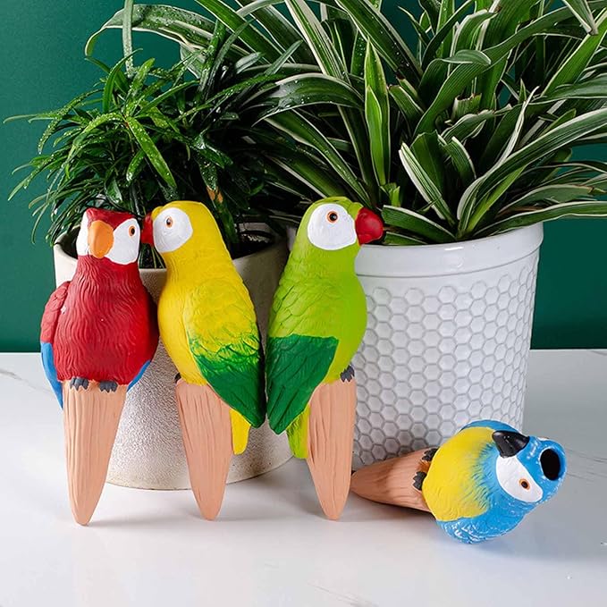 Premium Art 4 Pack Vibrant Parrot Terracotta Plant Watering Spikes, 150ml self Watering Terracotta Spikes Keeps Plants Hydrated 5-7 Days | Tropical Vacation Helper, Gift for Plant Lovers