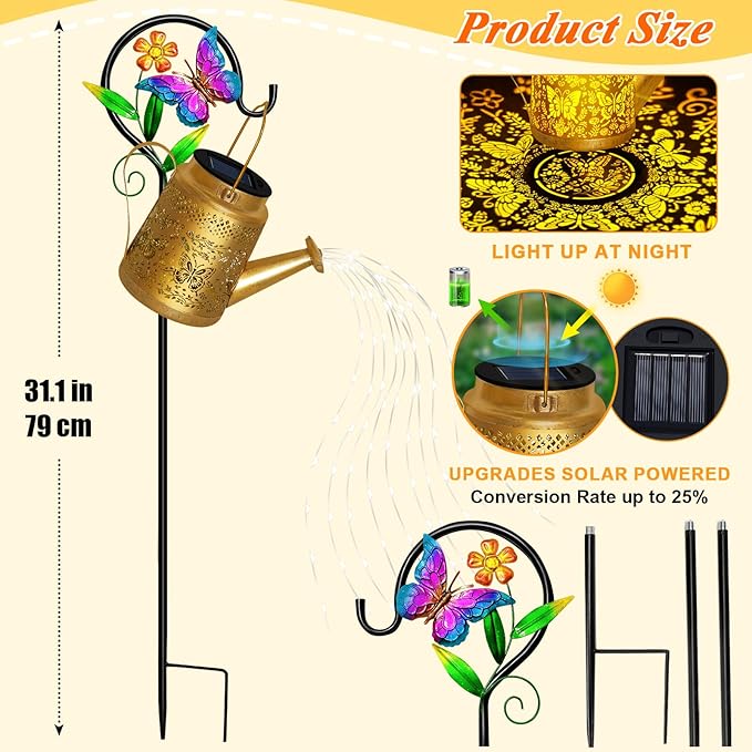 Christmas Gifts Butterfly Solar Watering Can Lights, Outdoor Waterproof Garden Lanterns with Shepherd Hook, Solar Garden Decor for Yard Outdoor Landscape Pathway, Gift for Women Mom Grandma, 2 Pack