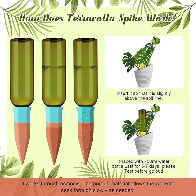 6 Sets Plant Watering Devices Include 6 Terracotta Self Watering Spikes and 6 Pcs 26 oz Plastic Bottles, Slow Release Vacation Insert Automatic Plant Waterer Device (Mixed Colors)