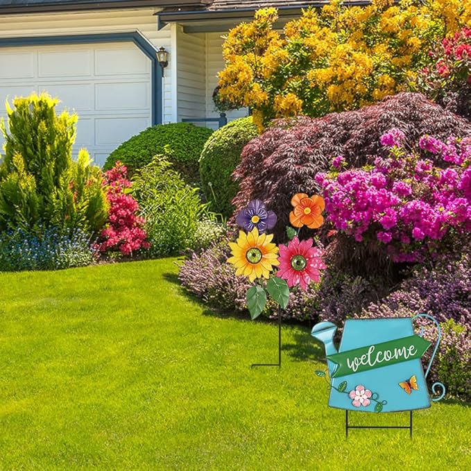 YEAHOME Garden Decor for Outside, 24.4“ Decorative Garden Stakes Metal Watering Can with 4 Flowers for Spring Decor, Welcome Yard Signs for Outdoor Lawn Backyard Patio Porch Pathway Decorations