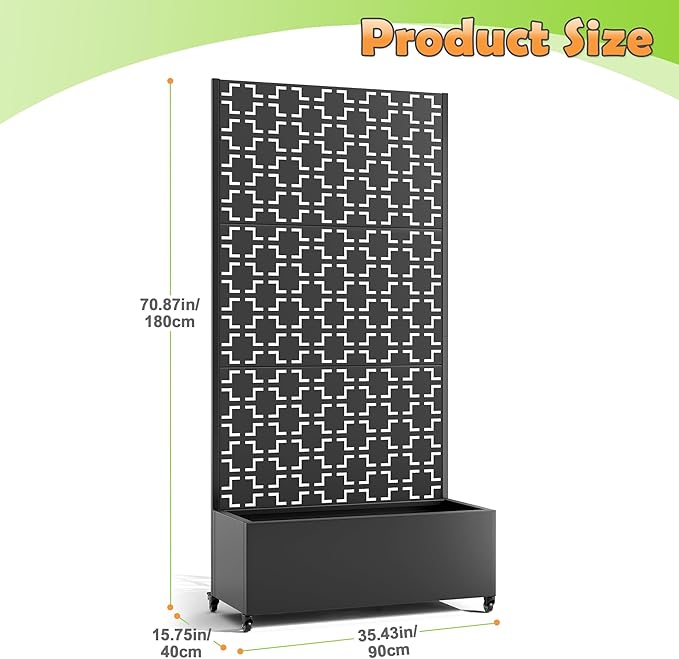 Metal Raised Garden Bed with Trellis, 2-in-1 Planter Box & Privacy Screen for Climbing Plants, Outdoor Standing Flower Bed with Drainage Holes, 35.4" L x 15.7" W x 70.1" H, Black-Square