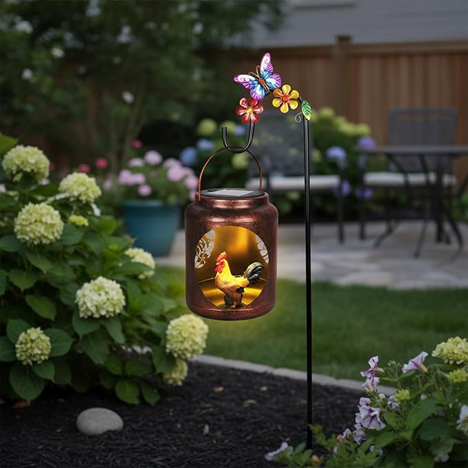 Solar Lanterns Outdoor Waterproof Metal Rooster Patterns with Resin Rooster Inside Garden Decor Gifts for Women Mom Grandma Hanging Solar Lights Decoration Outside for Yard, Patio, Backyard, Porch