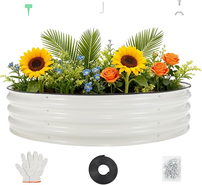 PeakPursuit 4X4x1Ft Galvanized Raised Garden Bed Kit, Metal Planter Box, Round Raised Beds with Open-Ended Base for Vegetables, Flowers, Herbs & Fruits