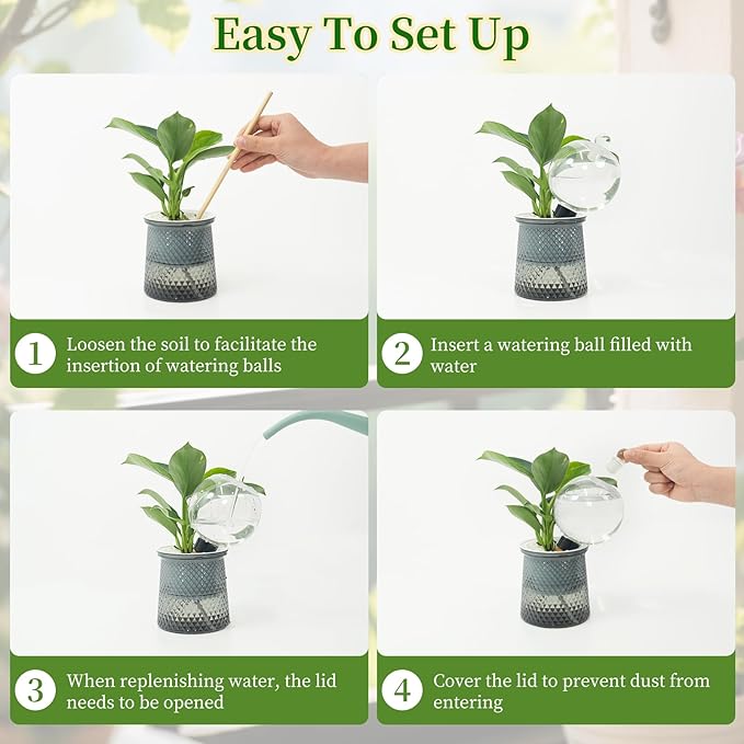 4pcs Plant Self Watering Globes with Covers, Plastic Water Bulbs Top Fill, Plant Watering Devices System Slow Release Terracotta, Water Spikes Stakes for Indoor (4)